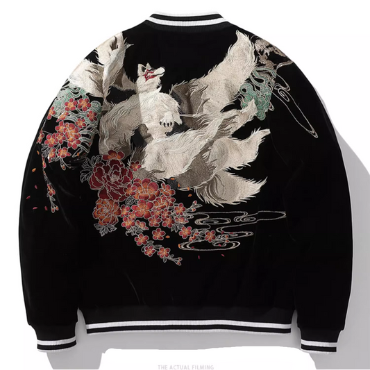 Kitsune Spirit Sukajan Bomber Jacket (Black & Red)